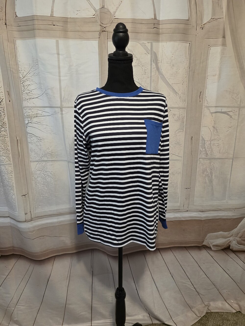 Women's Blue & White Striped Long Sleeve Top with Blue Pocket